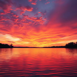 A beautiful and serene background for a photo, featuring a stunning sunset over a calm lake