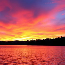 A beautiful and serene background for a photo, featuring a stunning sunset over a calm lake