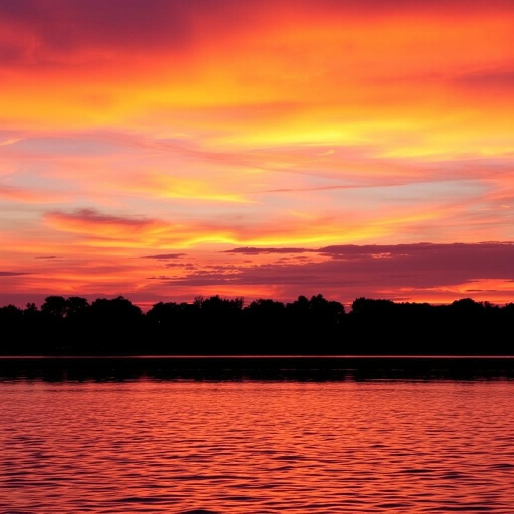 A beautiful and serene background for a photo, featuring a stunning sunset over a calm lake