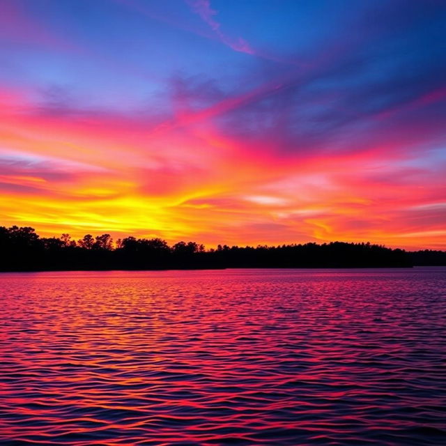 A beautiful and serene background for a photo, featuring a stunning sunset over a calm lake