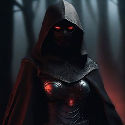 This is a high-quality digital art image, showcasing a mysterious female figure shrouded in darkness, draped in an armored cloak