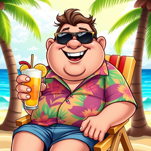 A humorous cartoonish character depicting a jovial, overweight man wearing a colorful Hawaiian shirt and sunglasses, sitting on a beach chair with a tropical drink in hand