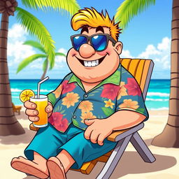 A humorous cartoonish character depicting a jovial, overweight man wearing a colorful Hawaiian shirt and sunglasses, sitting on a beach chair with a tropical drink in hand