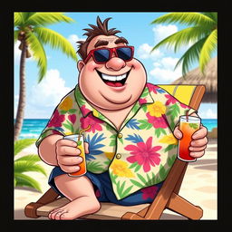 A humorous cartoonish character depicting a jovial, overweight man wearing a colorful Hawaiian shirt and sunglasses, sitting on a beach chair with a tropical drink in hand