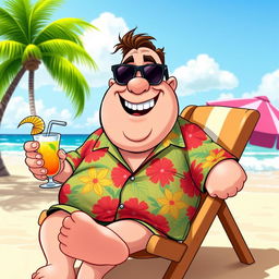 A humorous cartoonish character depicting a jovial, overweight man wearing a colorful Hawaiian shirt and sunglasses, sitting on a beach chair with a tropical drink in hand