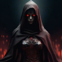 This is a high-quality digital art image, showcasing a mysterious female figure shrouded in darkness, draped in an armored cloak