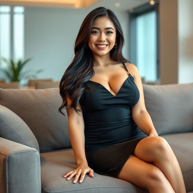 A gorgeous Filipina businesswoman, 26 years old, with voluptuous curves and a playful, flirtatious attitude, lounging comfortably in a stylish setting