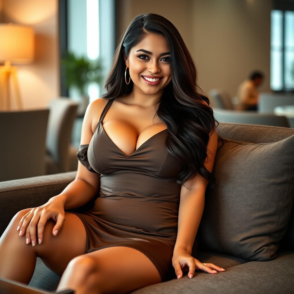 A gorgeous Filipina businesswoman, 26 years old, with voluptuous curves and a playful, flirtatious attitude, lounging comfortably in a stylish setting