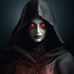 This is a high-quality digital art image, featuring a mysterious female figure enveloped in darkness