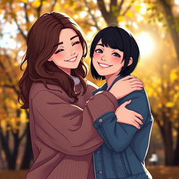 A warm and heartfelt scene depicting two women, Miya and Bella, embracing in a gentle hug