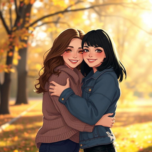 A warm and heartfelt scene depicting two women, Miya and Bella, embracing in a gentle hug