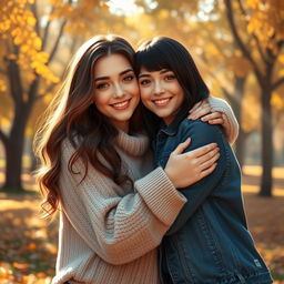 A warm and heartfelt scene depicting two women, Miya and Bella, embracing in a gentle hug