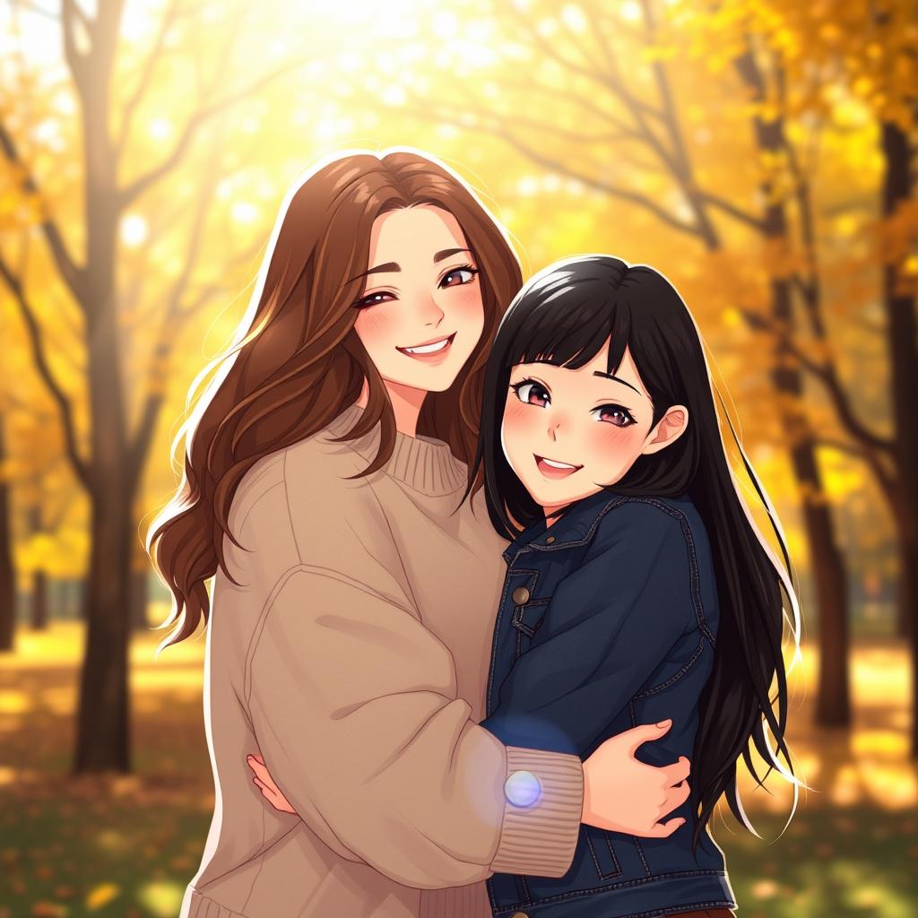 A warm and heartfelt scene depicting two women, Miya and Bella, embracing in a gentle hug