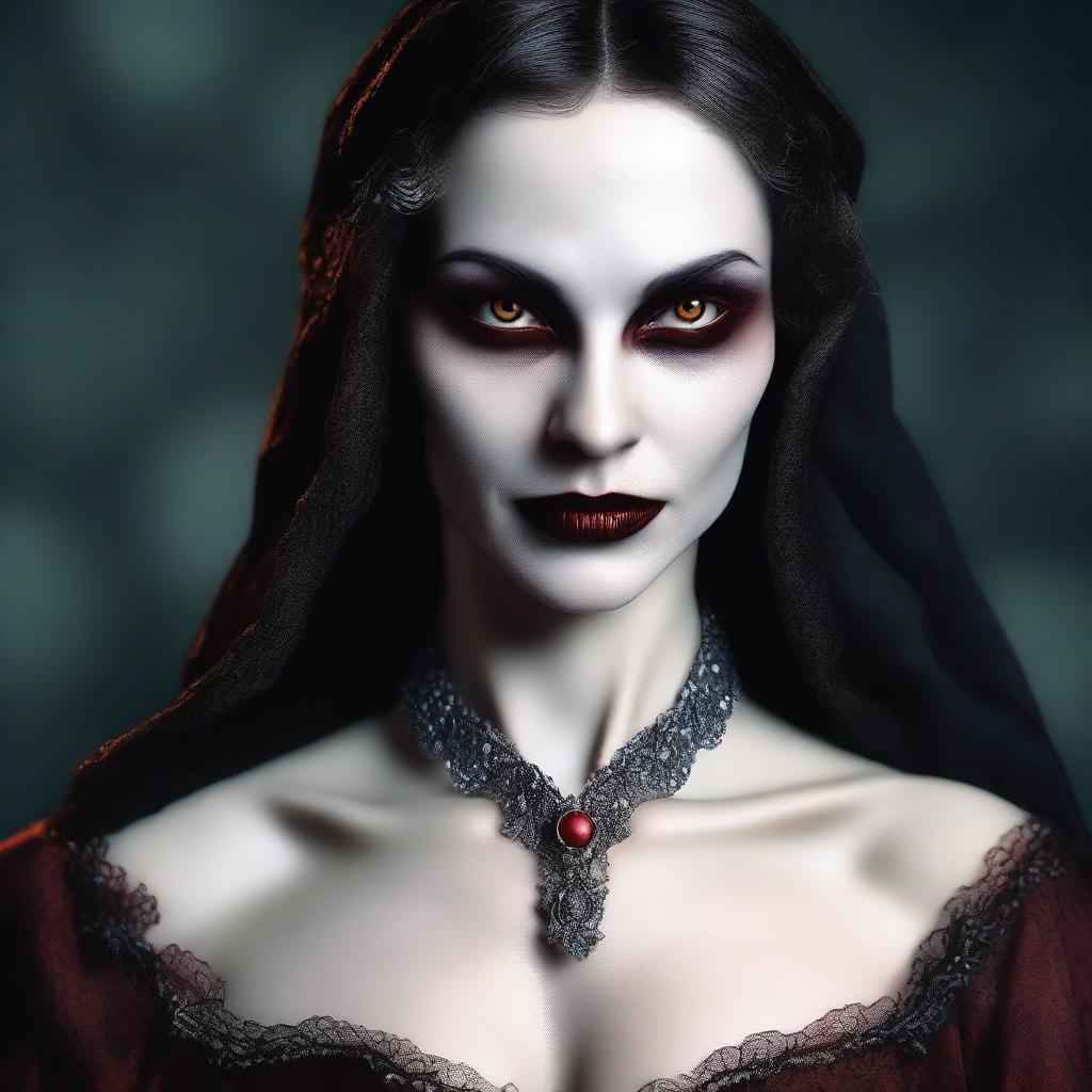 This is a high-quality digital art image, portraying a vampiress cleverly disguised as a human