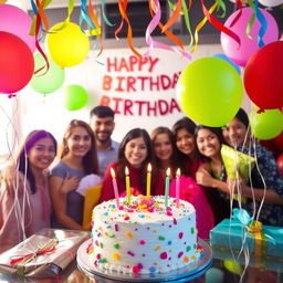 A vibrant and festive birthday celebration featuring a decorated cake with colorful balloons and streamers in a joyful atmosphere