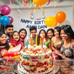 A vibrant and festive birthday celebration featuring a decorated cake with colorful balloons and streamers in a joyful atmosphere