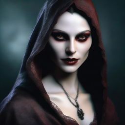 This is a high-quality digital art image, portraying a vampiress cleverly disguised as a human