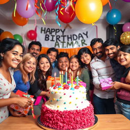 A vibrant and festive birthday celebration featuring a decorated cake with colorful balloons and streamers in a joyful atmosphere