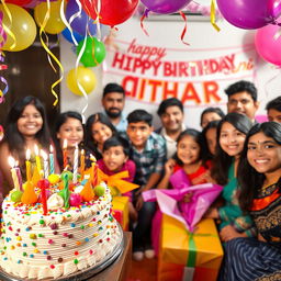 A vibrant and festive birthday celebration featuring a decorated cake with colorful balloons and streamers in a joyful atmosphere