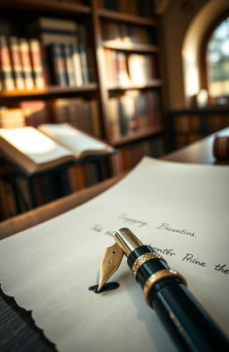 A beautifully designed vintage fountain pen with intricate engravings, resting on a delicate sheet of parchment paper