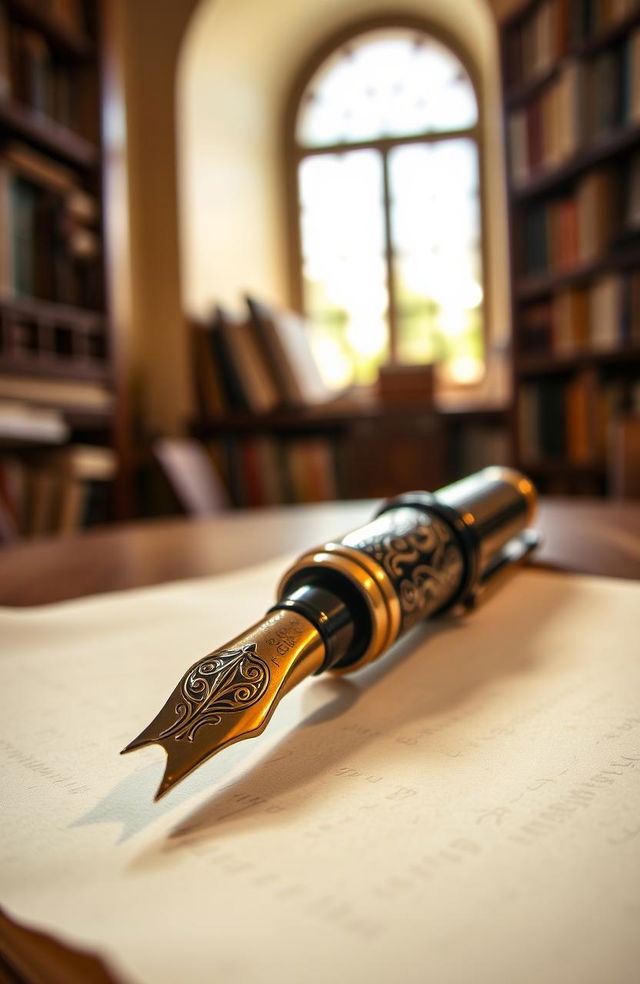 A beautifully designed vintage fountain pen with intricate engravings, resting on a delicate sheet of parchment paper