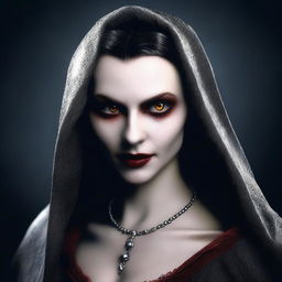 This is a high-quality digital art image, portraying a vampiress cleverly disguised as a human