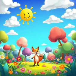 A vibrant cartoon landscape featuring a whimsical forest filled with colorful, oversized flowers and trees