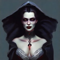 This is a high-quality digital art image, illustrating a vampiress skillfully disguised as a human