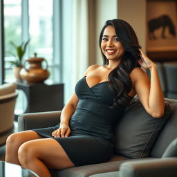 A beautiful Filipina businesswoman, 26 years old, with voluptuous curves and a playful, flirtatious smile, lounging gracefully in a stylish setting