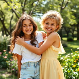 Two girls hugging each other joyfully, showcasing their friendship and warmth