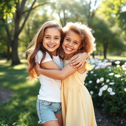 Two girls hugging each other joyfully, showcasing their friendship and warmth