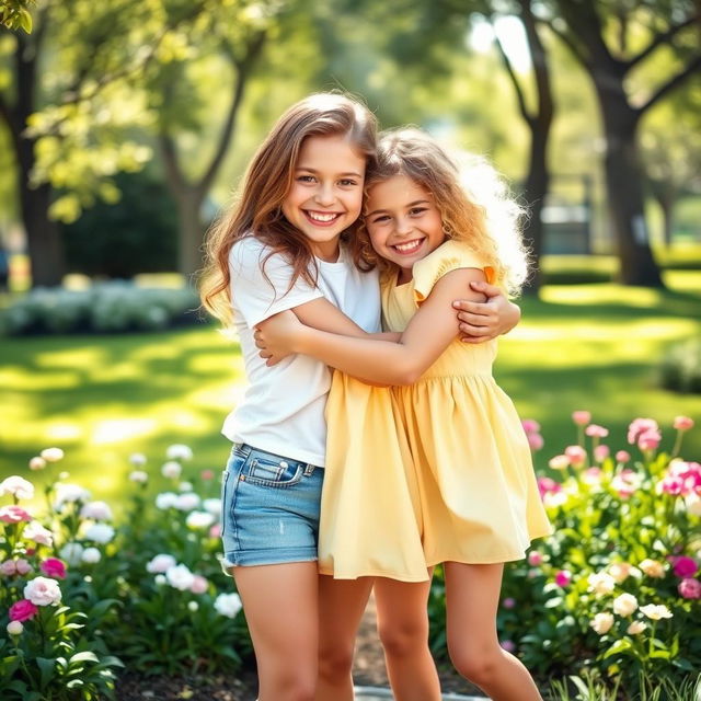 Two girls hugging each other joyfully, showcasing their friendship and warmth