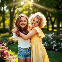 Two girls hugging each other joyfully, showcasing their friendship and warmth