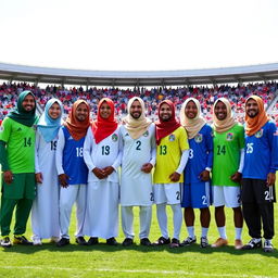 Eleven Muslim clerics standing proudly in a soccer field, all wearing vibrant soccer uniforms with their traditional attire subtly integrated