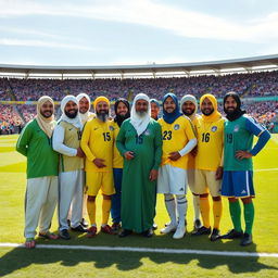 Eleven Muslim clerics standing proudly in a soccer field, all wearing vibrant soccer uniforms with their traditional attire subtly integrated