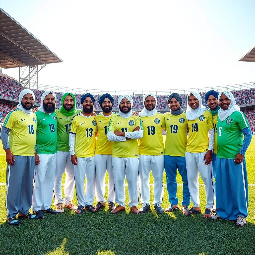 Eleven Muslim clerics standing proudly in a soccer field, all wearing vibrant soccer uniforms with their traditional attire subtly integrated