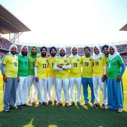 Eleven Muslim clerics standing proudly in a soccer field, all wearing vibrant soccer uniforms with their traditional attire subtly integrated