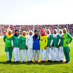 Eleven Muslim clerics standing proudly in a soccer field, all wearing vibrant soccer uniforms with their traditional attire subtly integrated