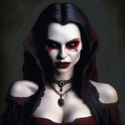 This is a high-quality digital art image, illustrating a vampiress skillfully disguised as a human