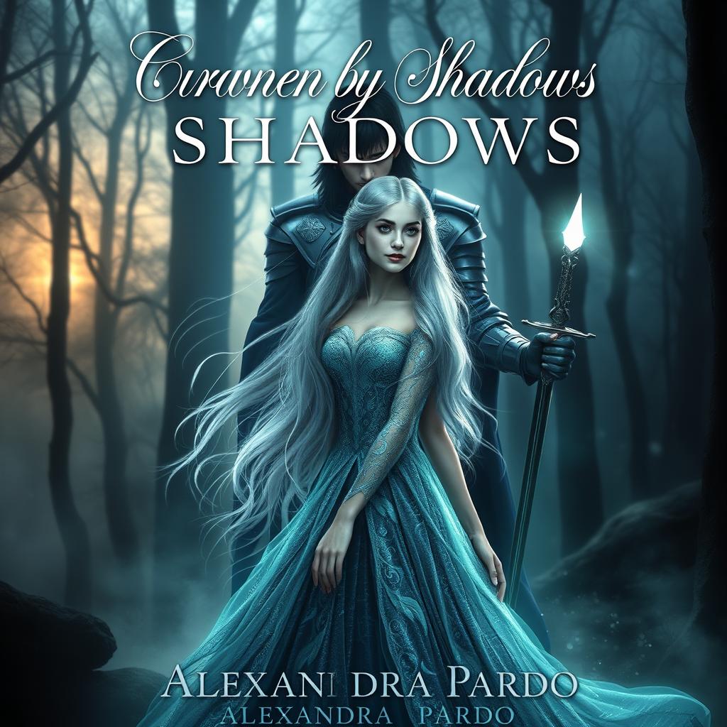 A mystical and enchanting book cover for the novel "Crowned by Shadows" by Alexandra Pardo