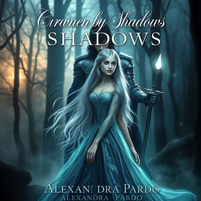 A mystical and enchanting book cover for the novel "Crowned by Shadows" by Alexandra Pardo
