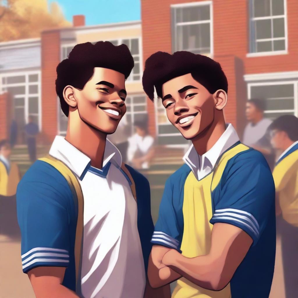 This digital art piece showcases a high school setting where a jock and a class president are seen in a warm relationship