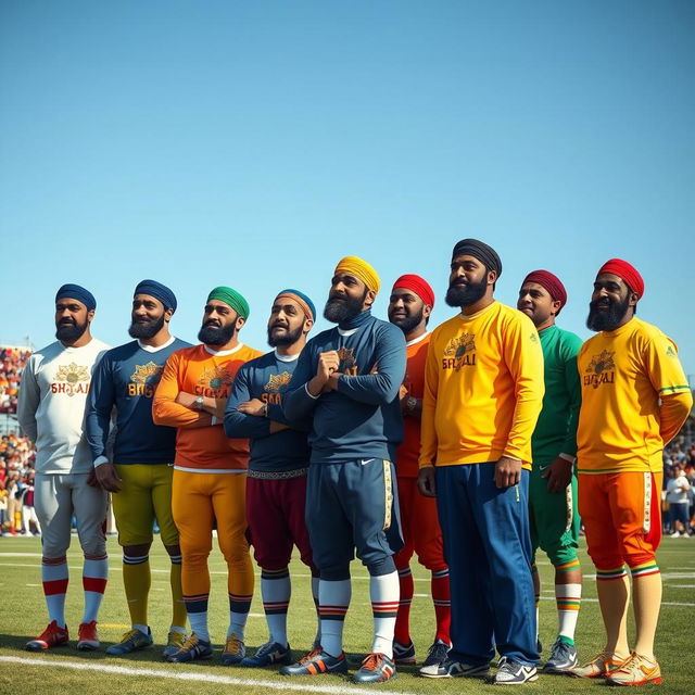 A heartfelt scene showcasing eleven imams dressed in vibrant football uniforms, each with unique colors and patterns, standing together on a football field with tears of emotion in their eyes