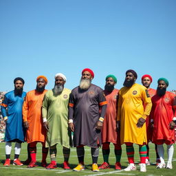 A heartfelt scene showcasing eleven imams dressed in vibrant football uniforms, each with unique colors and patterns, standing together on a football field with tears of emotion in their eyes