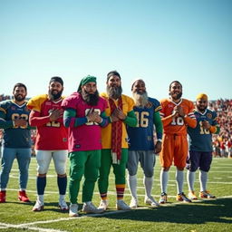 A heartfelt scene showcasing eleven imams dressed in vibrant football uniforms, each with unique colors and patterns, standing together on a football field with tears of emotion in their eyes