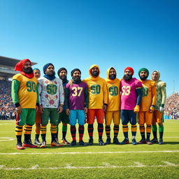 A heartfelt scene showcasing eleven imams dressed in vibrant football uniforms, each with unique colors and patterns, standing together on a football field with tears of emotion in their eyes