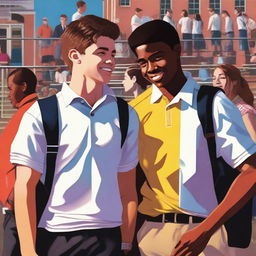 This digital art piece showcases a high school setting where a jock and a class president are seen in a warm relationship