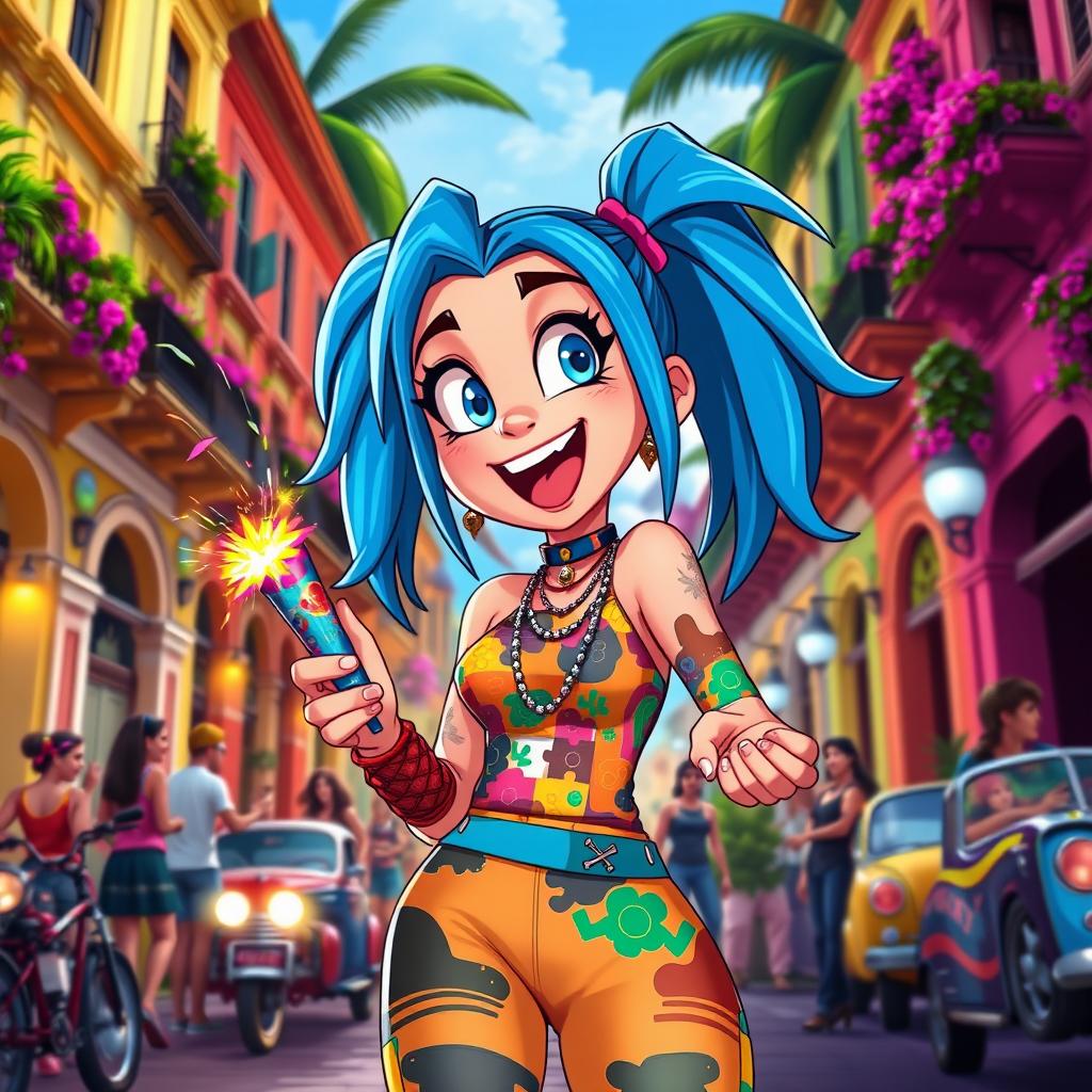 An animated depiction of Jinx from Arcane, set in a vibrant Cuban cityscape