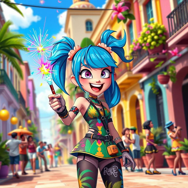 An animated depiction of Jinx from Arcane, set in a vibrant Cuban cityscape