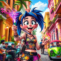 An animated depiction of Jinx from Arcane, set in a vibrant Cuban cityscape